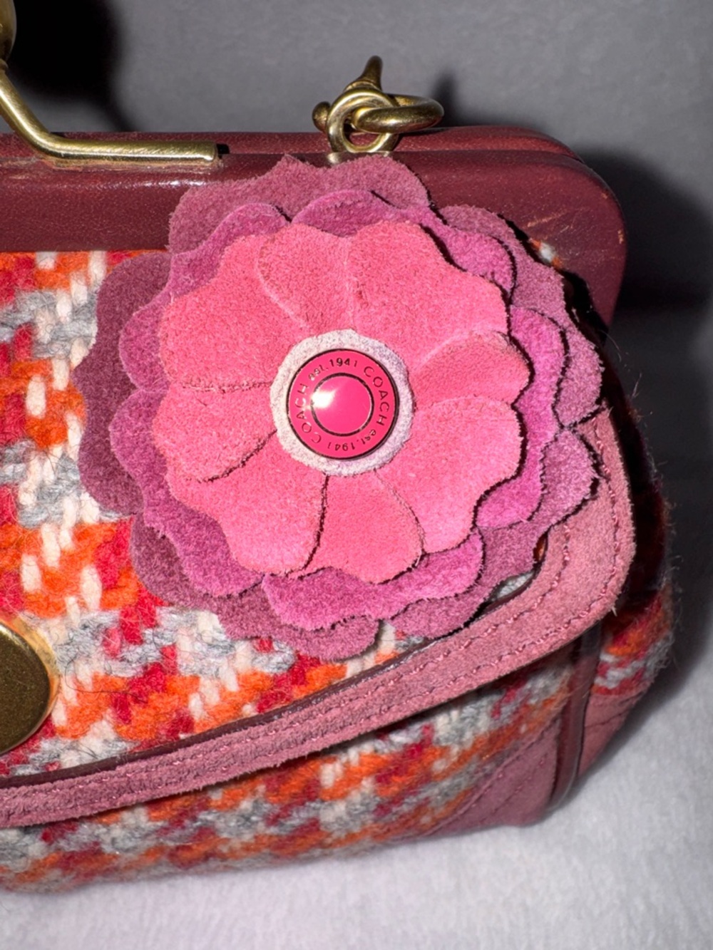 Coach Red & Pink Tweed Frame Mini Bag with Gold Turnlock - Picture 4 of 7